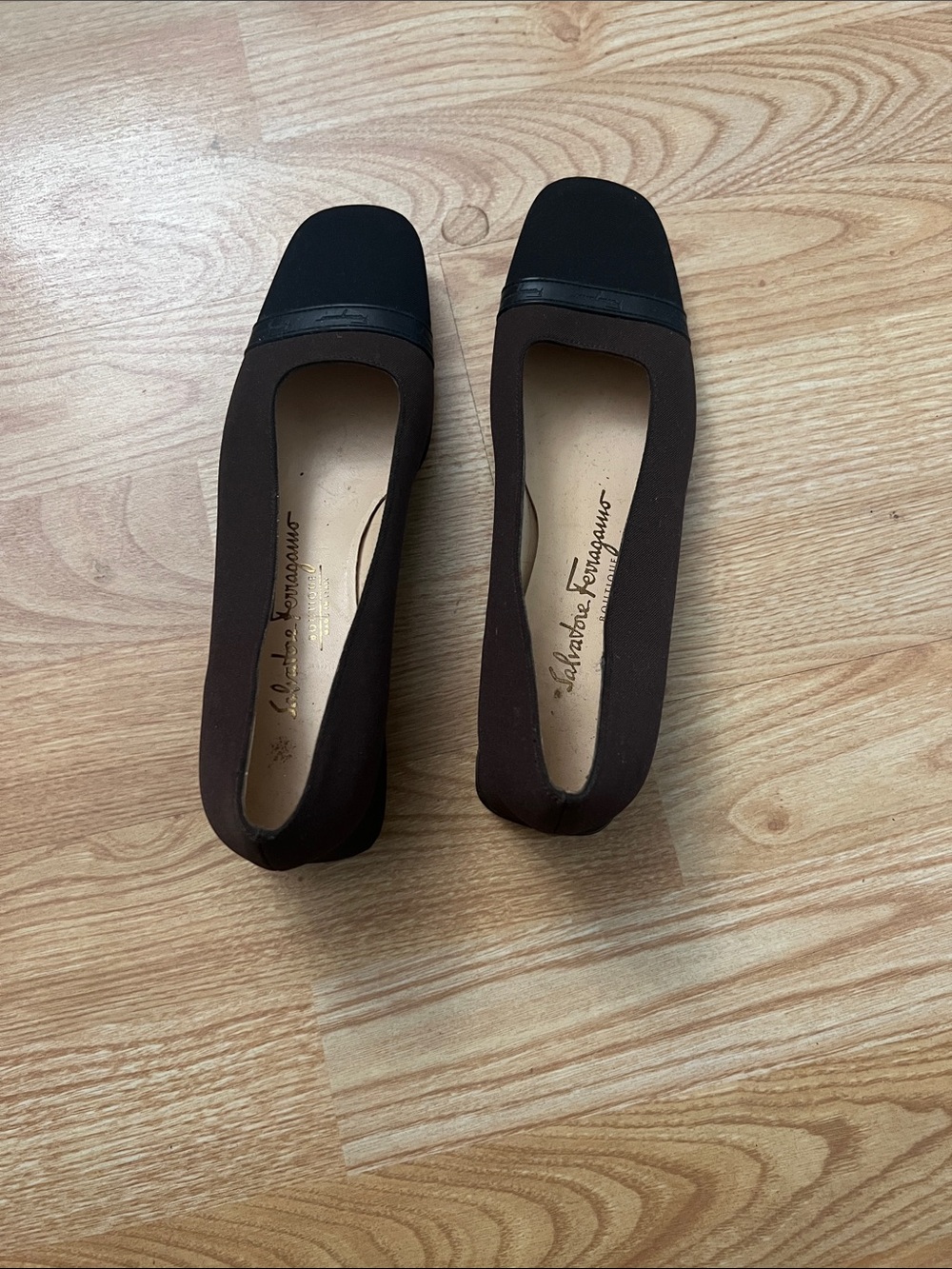Salvatore Ferragamo Brown and Black Square-Toe Ballet Flats